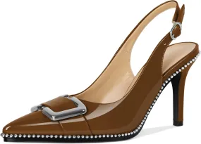 SAMMITOP Womens Slingback Stiletto High Heels Closed Pointed Toe Pumps Beaded Metal Buckle Sexy Office Dress Shoes 3.5 Inch