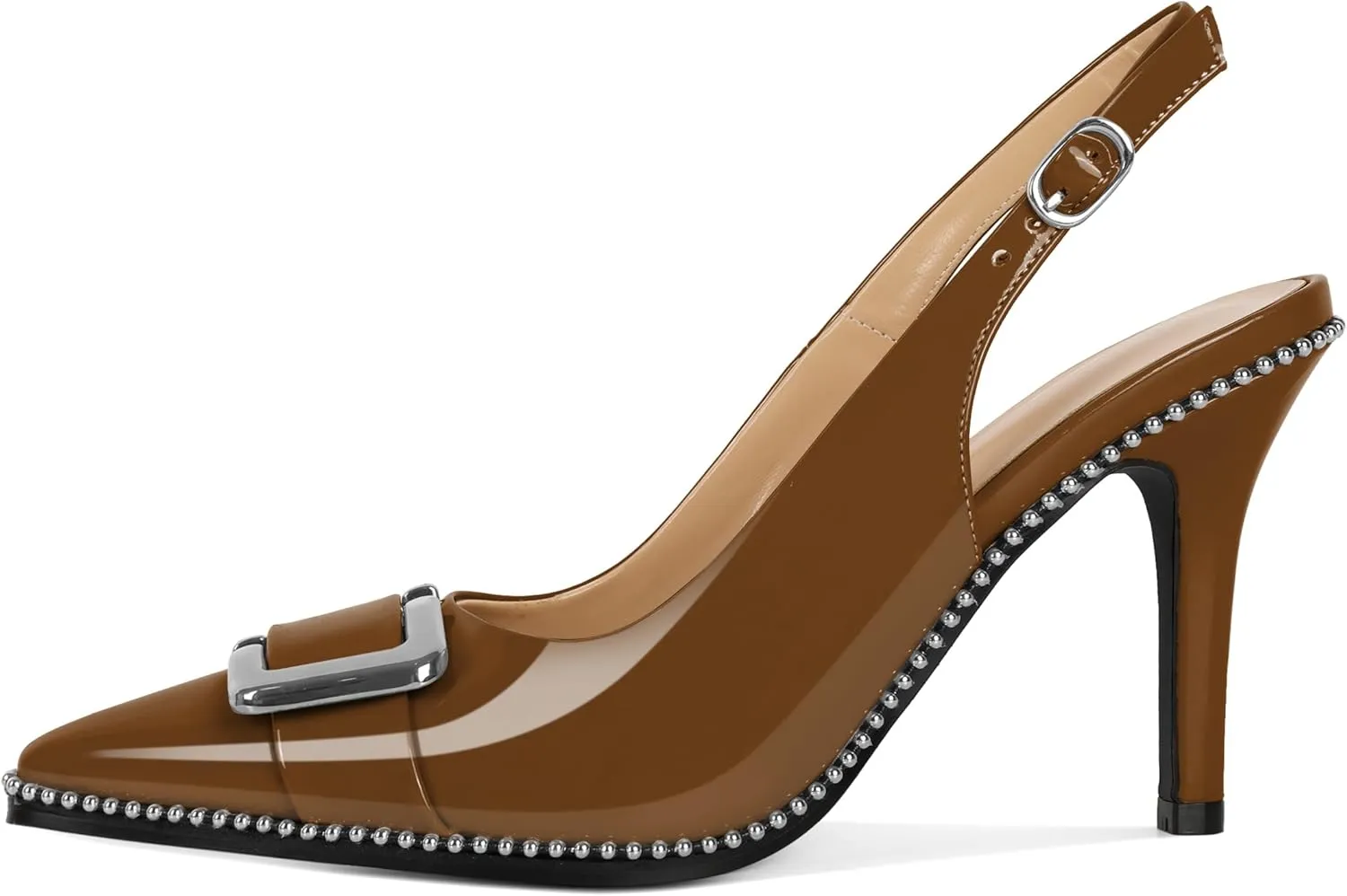 SAMMITOP Womens Slingback Stiletto High Heels Closed Pointed Toe Pumps Beaded Metal Buckle Sexy Office Dress Shoes 3.5 Inch