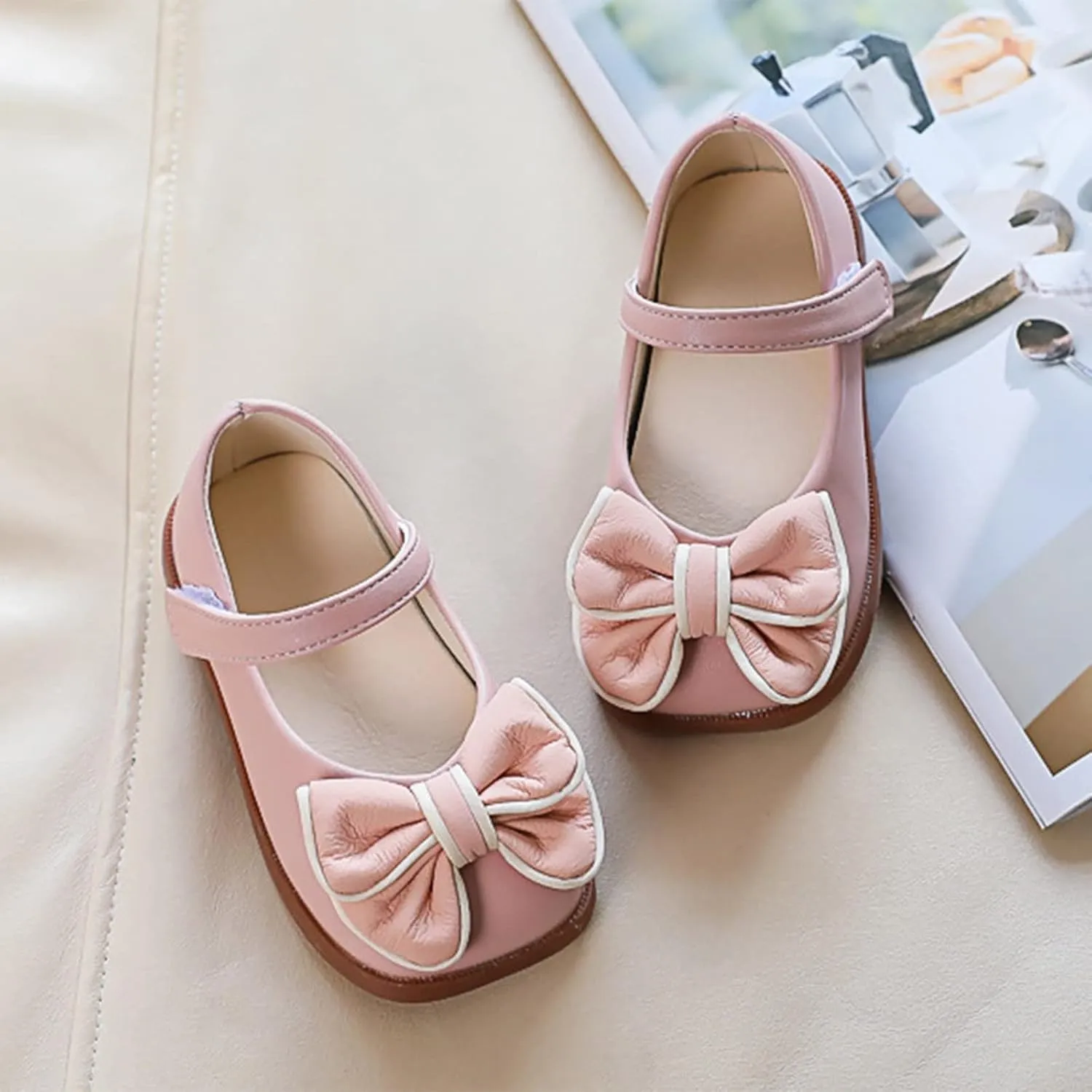 Spring and Summer Girls Casual Shoes Bow Hook Loop Solid Color Comfortable Single Shoes Toddler Girls Running Shoes