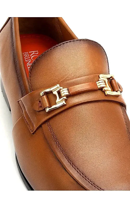 Tan Embellished Leather Loafers