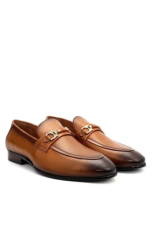 Tan Embellished Leather Loafers