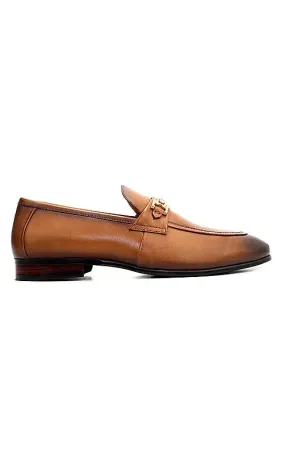 Tan Embellished Leather Loafers