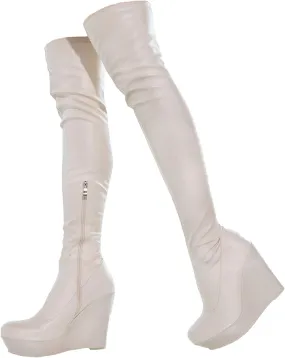 Tight Boots, Women's Long Over The Knee Boots with Round Toe High Heels, Wedge Heels Straight Side Zipper Long Boots Patent Leather Stretch Fashion Women's Boots