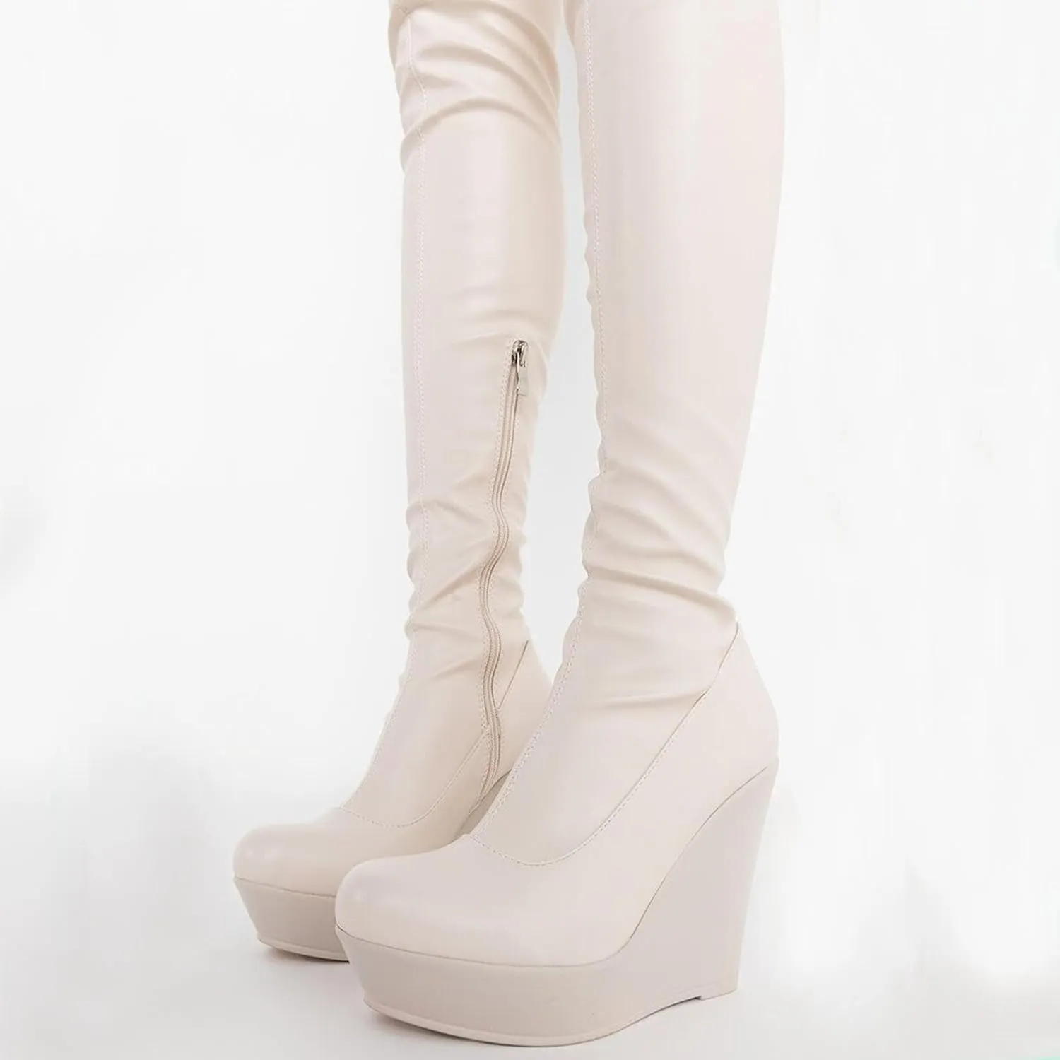 Tight Boots, Women's Long Over The Knee Boots with Round Toe High Heels, Wedge Heels Straight Side Zipper Long Boots Patent Leather Stretch Fashion Women's Boots
