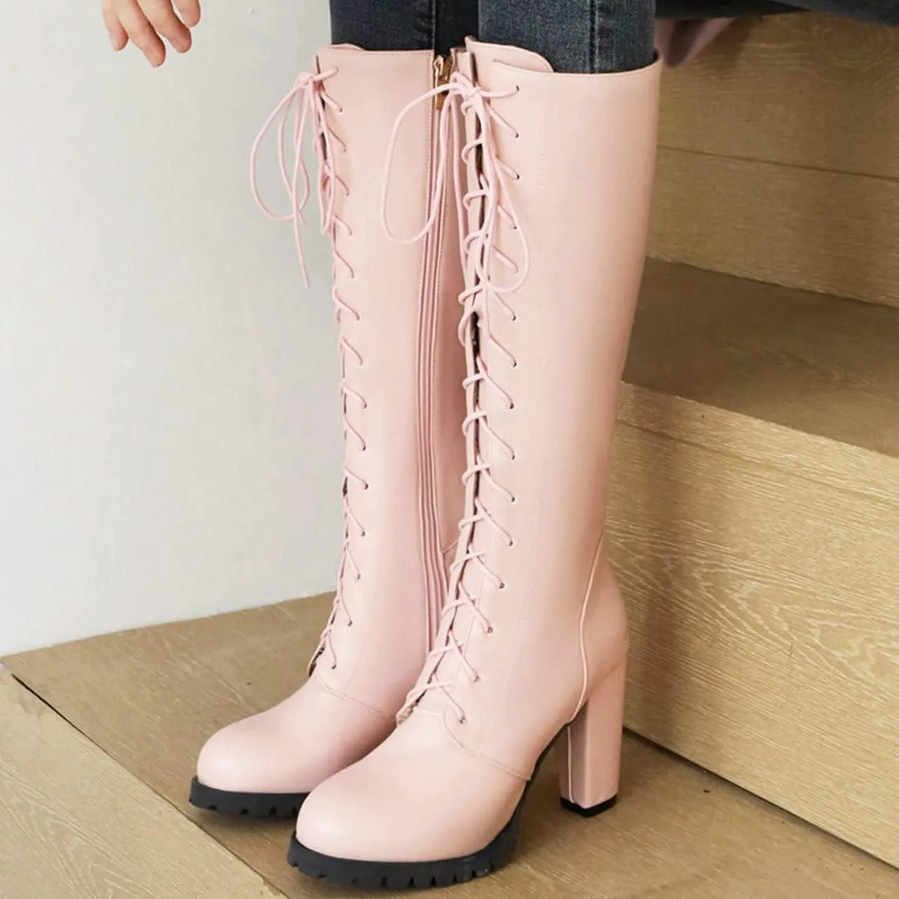 UniqueStride Womens Lace Up High Heel Knee High Boots Chunky Platform Heels Side Zipper Boot
