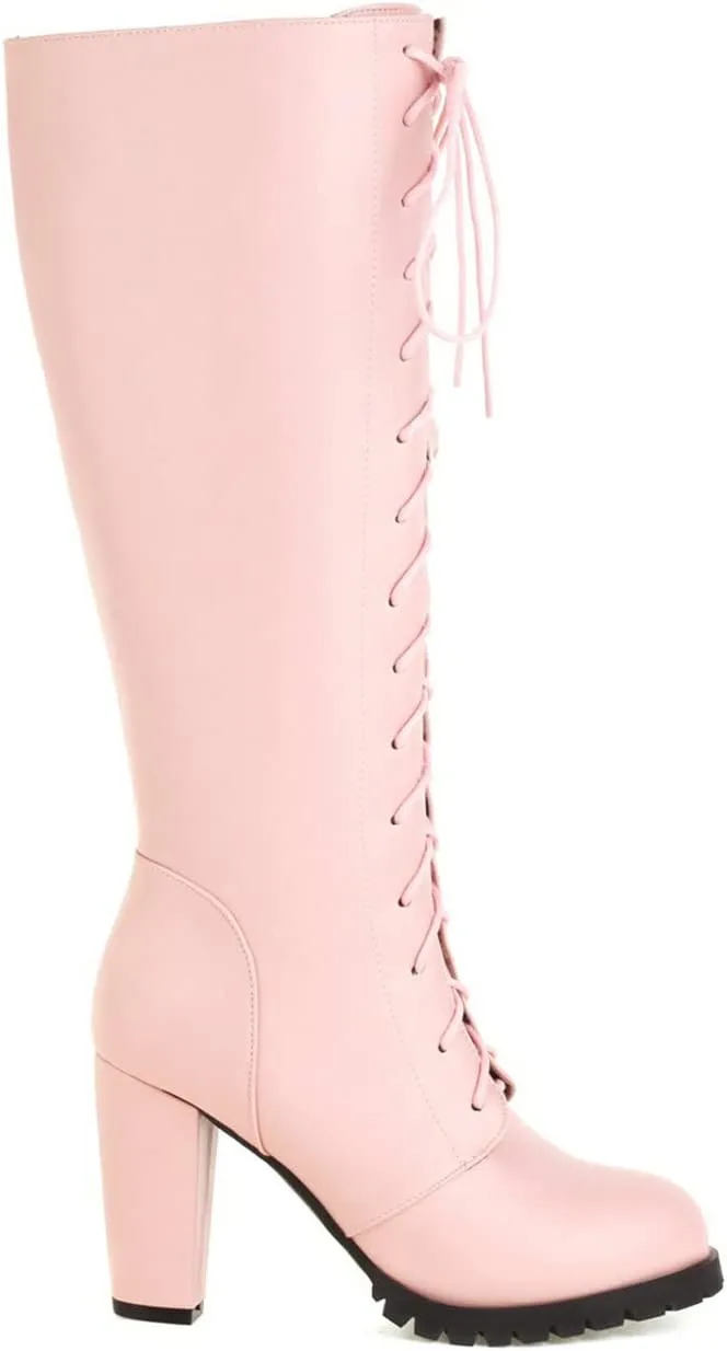UniqueStride Womens Lace Up High Heel Knee High Boots Chunky Platform Heels Side Zipper Boot