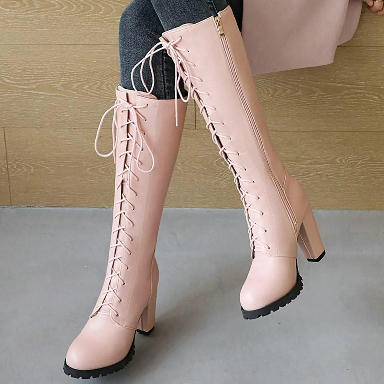 UniqueStride Womens Lace Up High Heel Knee High Boots Chunky Platform Heels Side Zipper Boot