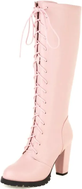 UniqueStride Womens Lace Up High Heel Knee High Boots Chunky Platform Heels Side Zipper Boot