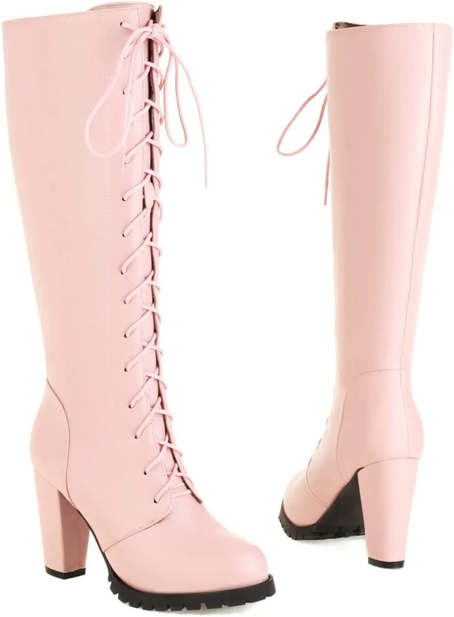 UniqueStride Womens Lace Up High Heel Knee High Boots Chunky Platform Heels Side Zipper Boot