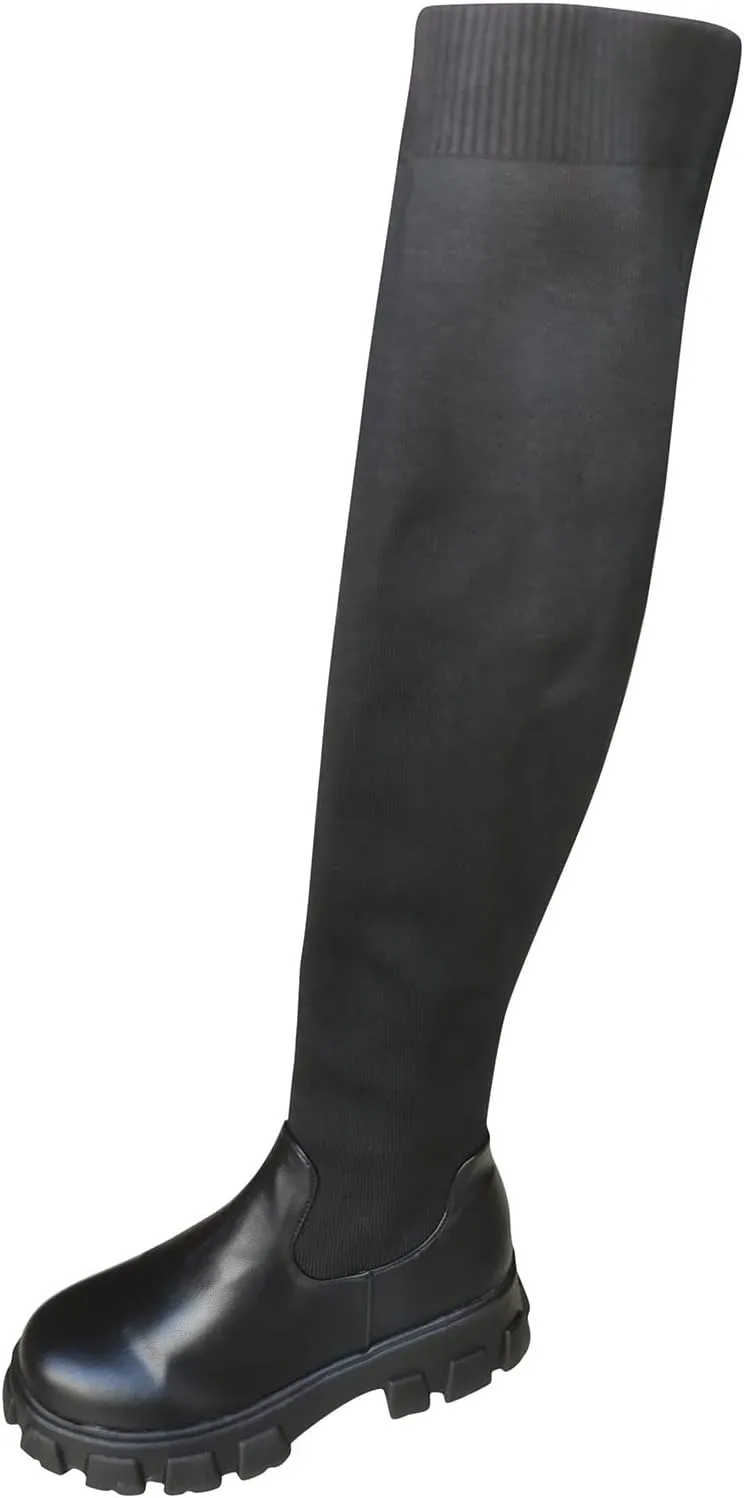 White Cowgirl Boots Lug Sole Thigh High Boots Stretch Platform Knee High Boots Over Knee Tall Long Bootie