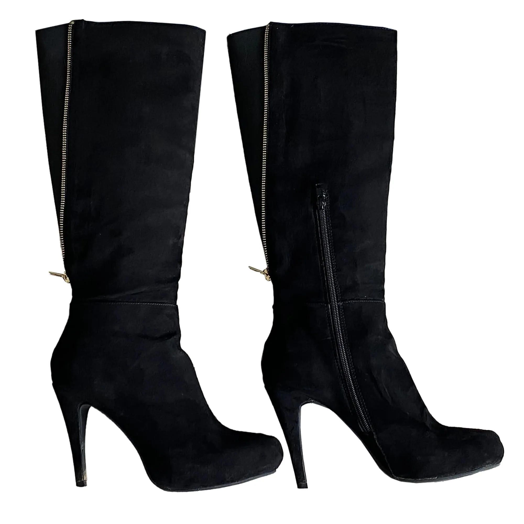 Women's Black Suede Fashion Boots, High Heel, Knee High, Wide Leg - 8M