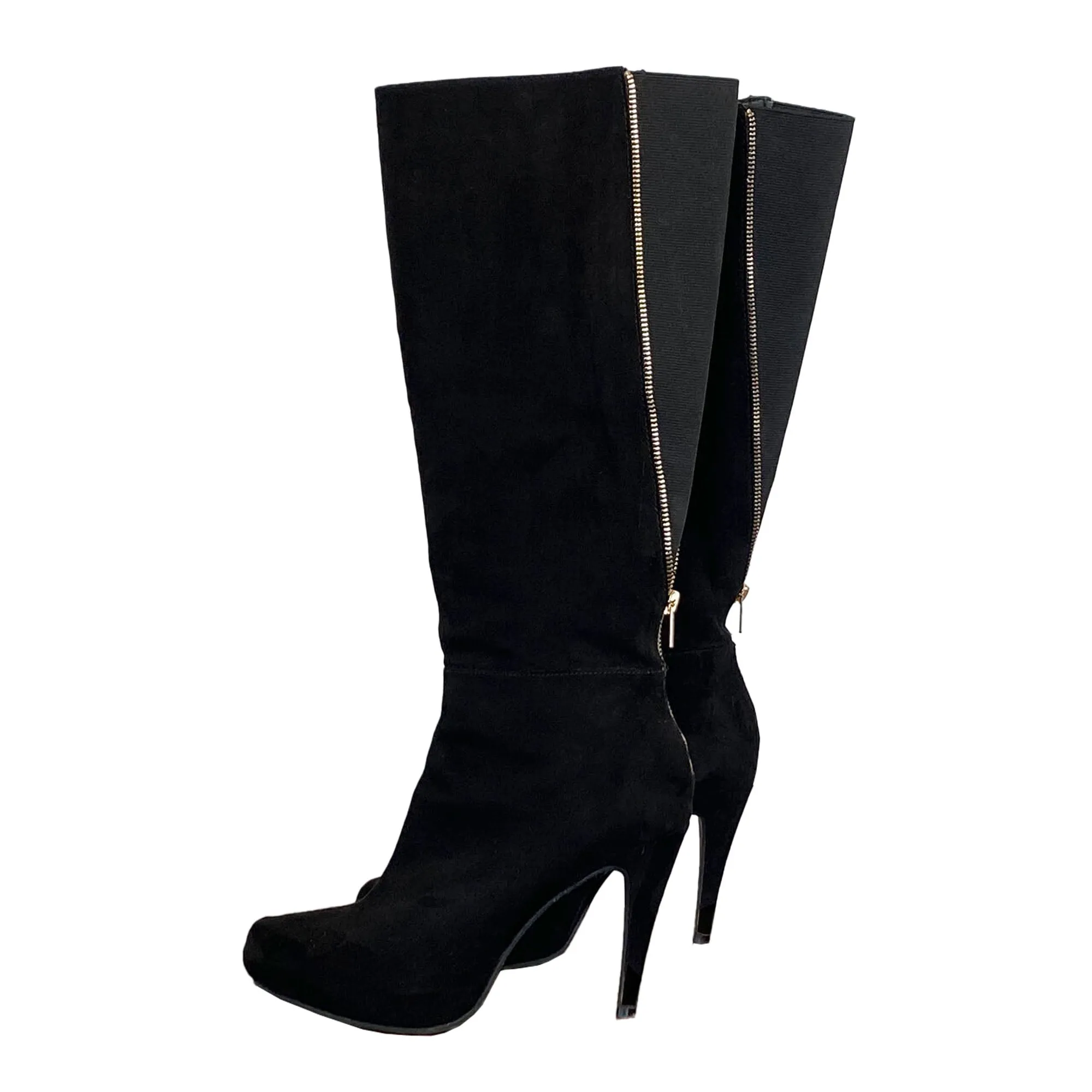 Women's Black Suede Fashion Boots, High Heel, Knee High, Wide Leg - 8M