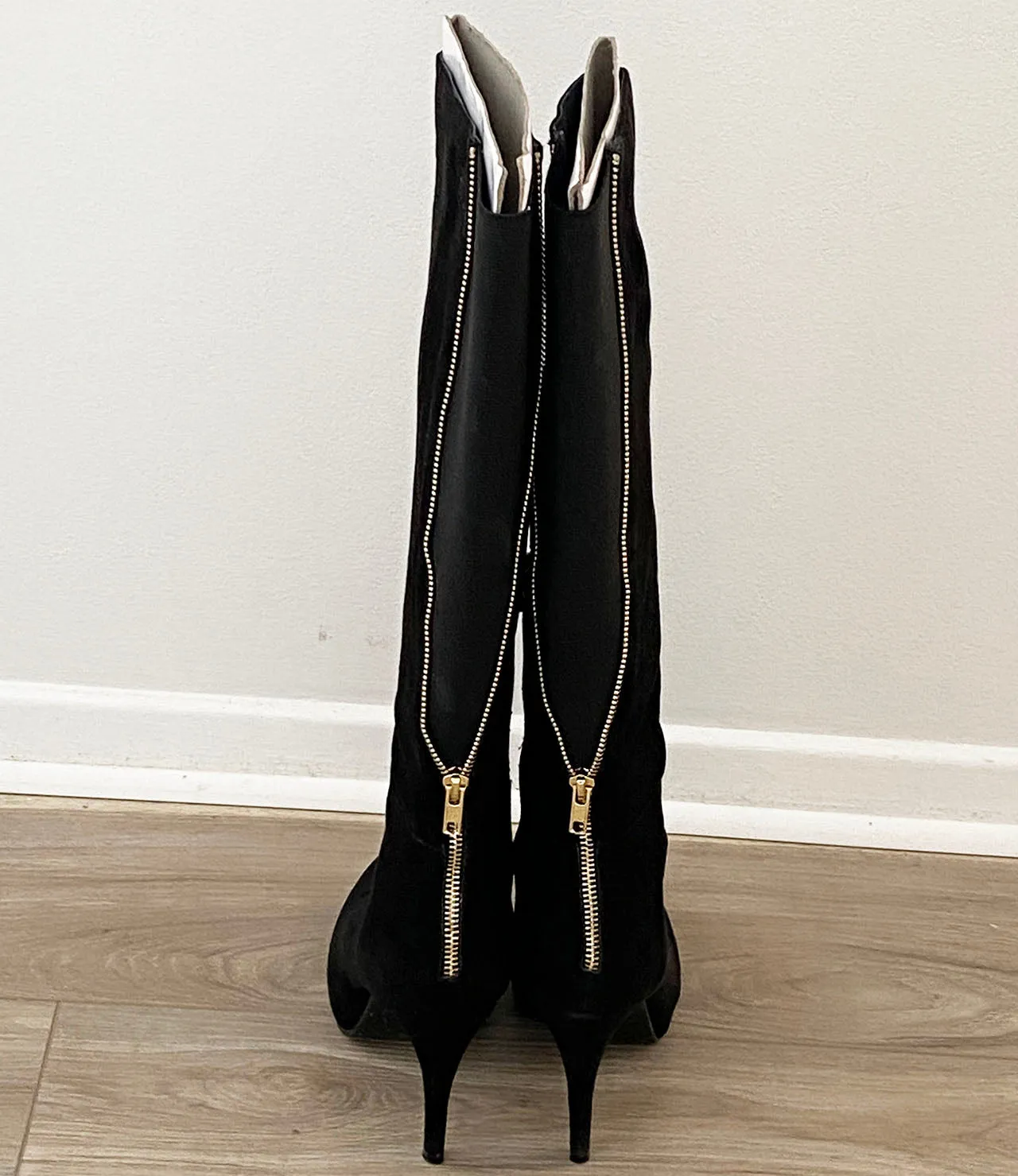 Women's Black Suede Fashion Boots, High Heel, Knee High, Wide Leg - 8M