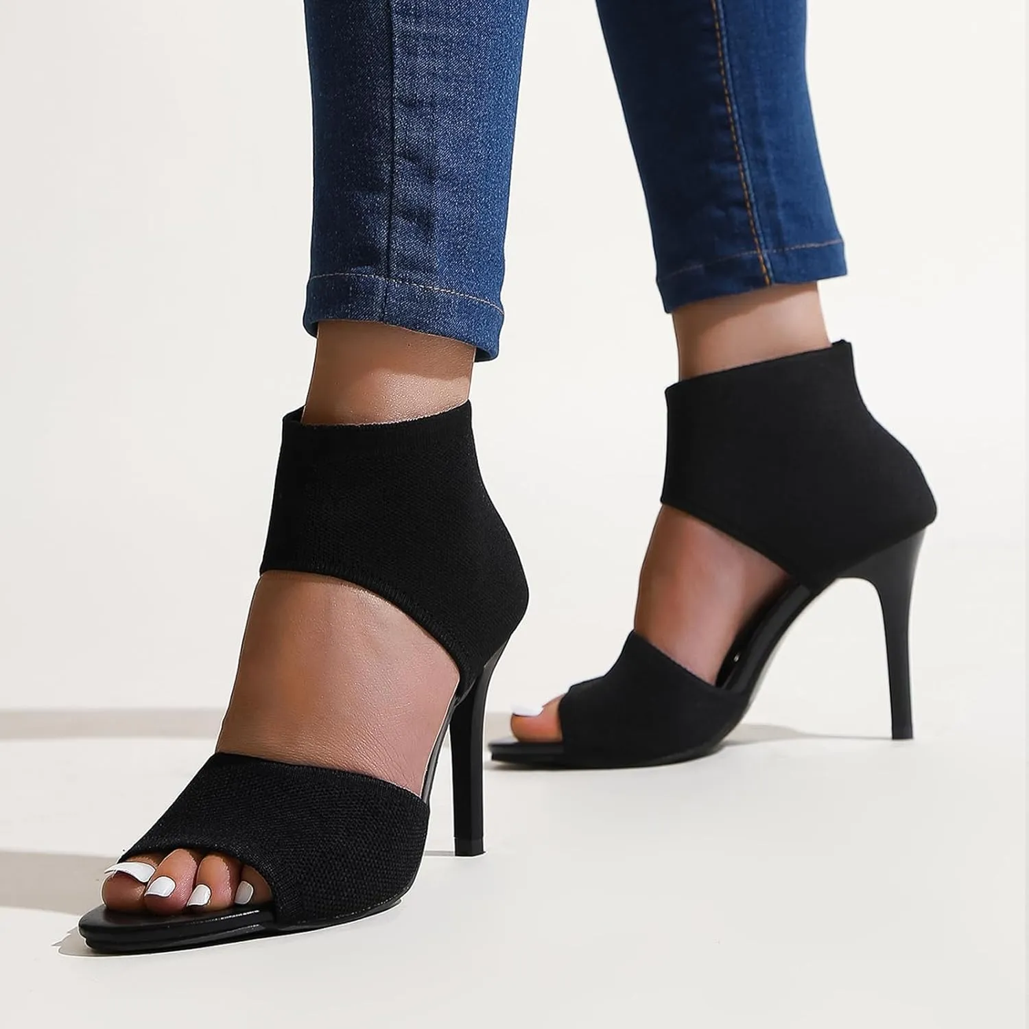 Womens Fish Mouth Stiletto Sandals,Heel High 3.54in Comfortable Dress Heel Sandals,Stretchy Knit Open Toe High Heels (Black,6)
