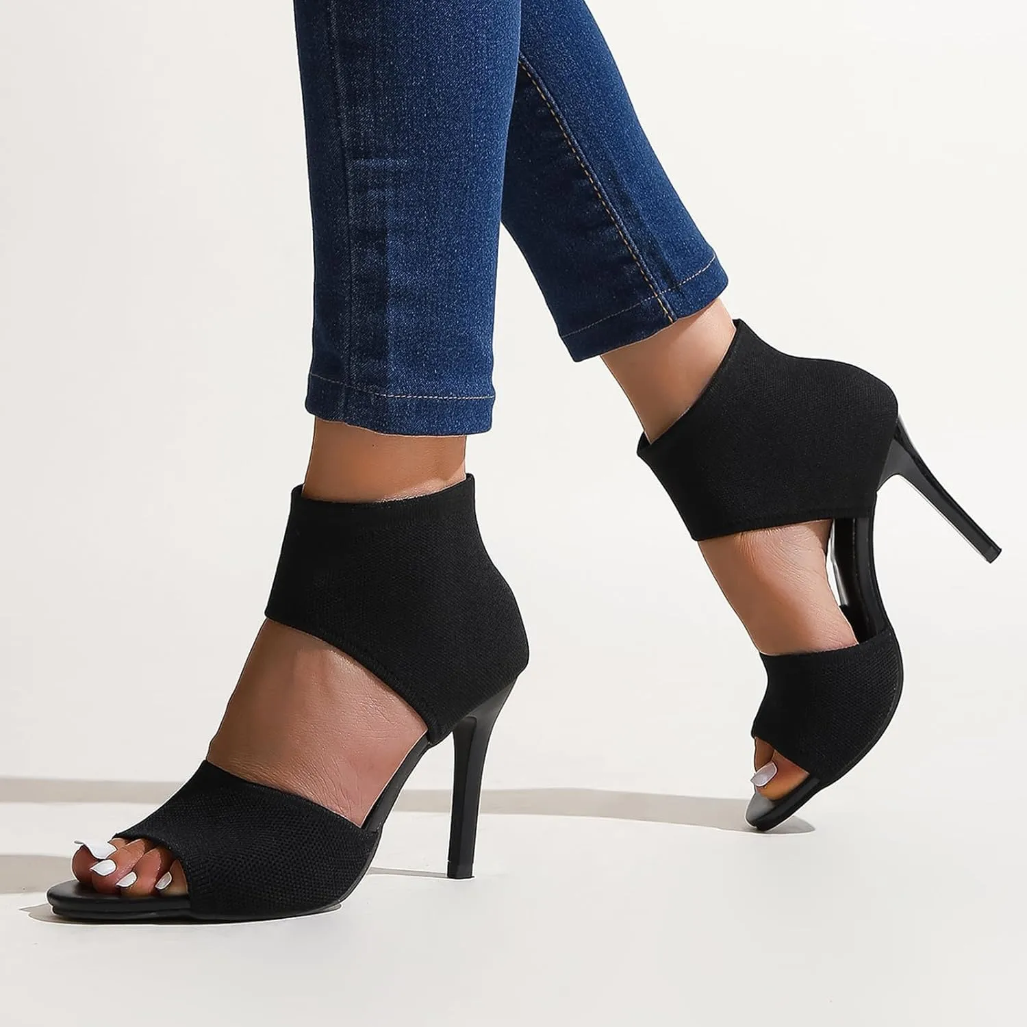 Womens Fish Mouth Stiletto Sandals,Heel High 3.54in Comfortable Dress Heel Sandals,Stretchy Knit Open Toe High Heels (Black,6)