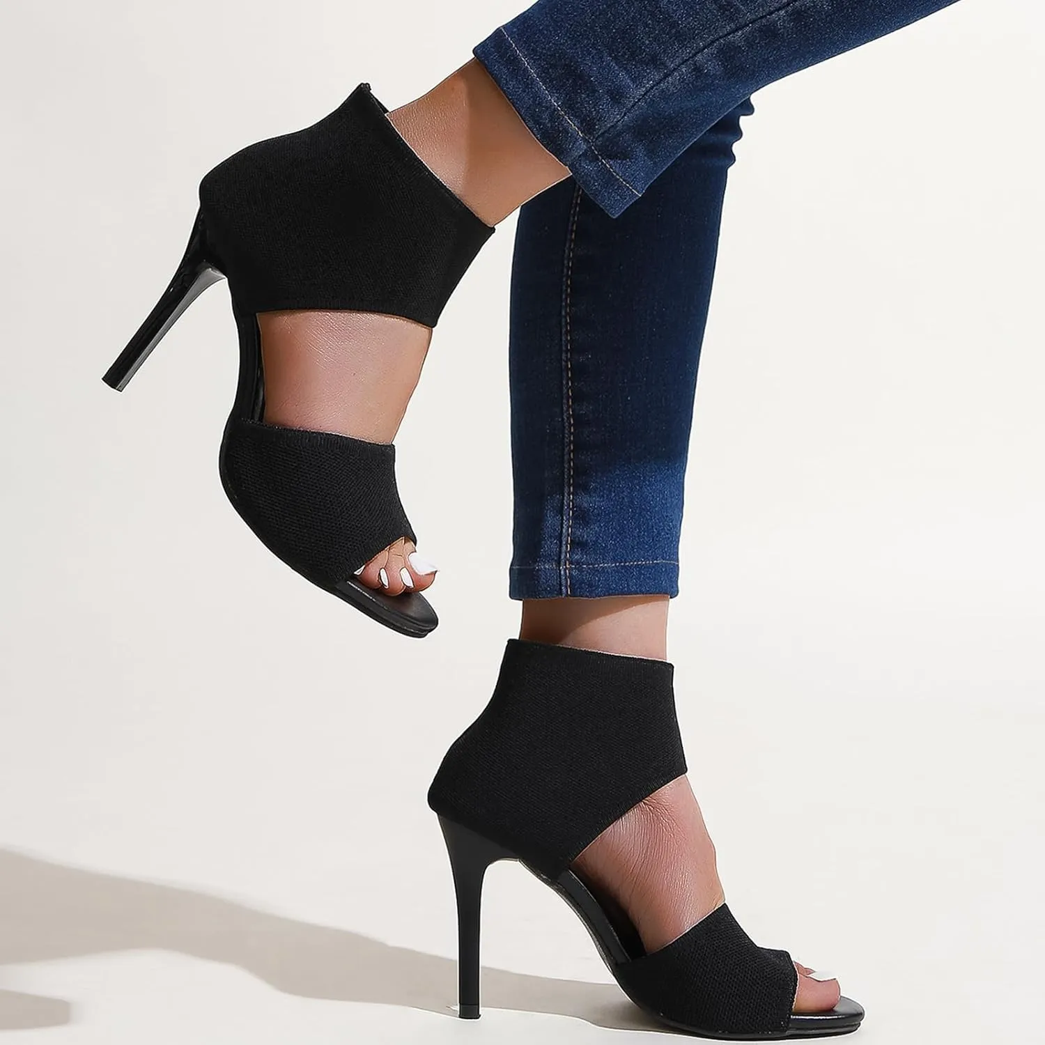 Womens Fish Mouth Stiletto Sandals,Heel High 3.54in Comfortable Dress Heel Sandals,Stretchy Knit Open Toe High Heels (Black,6)