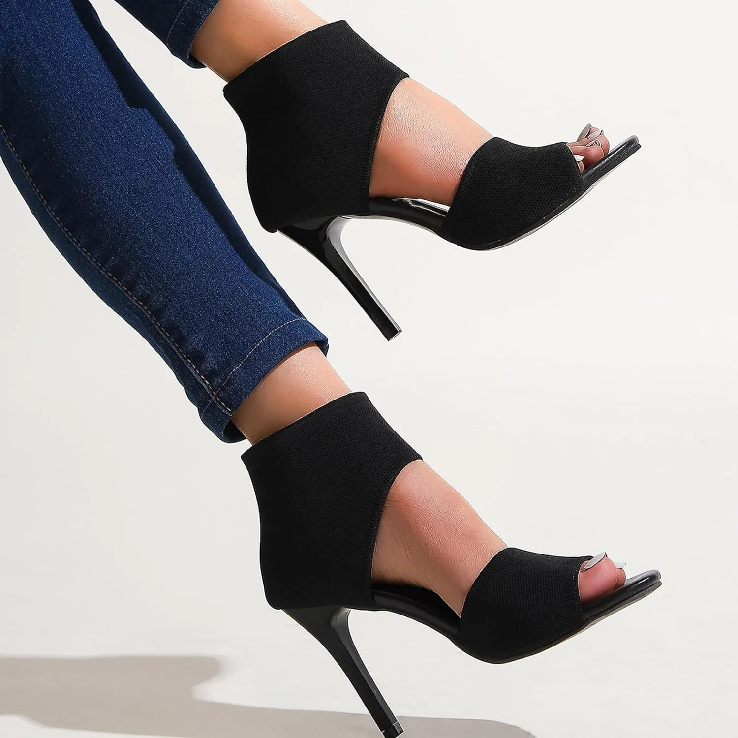 Womens Fish Mouth Stiletto Sandals,Heel High 3.54in Comfortable Dress Heel Sandals,Stretchy Knit Open Toe High Heels (Black,6)