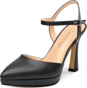 Womens Platform High Heels Pointed Toe Ankle Strap Buckle Stiletto High Heel Pumps Party Evening Dress Shoes 4 Inch