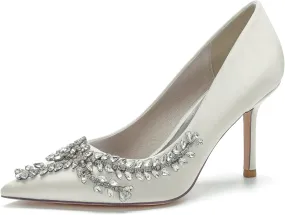 Womens Pointed Toe High Heels Dress Pumps for Evening Stiletto Heels Bridal Wedding Shoes,Ivory,7