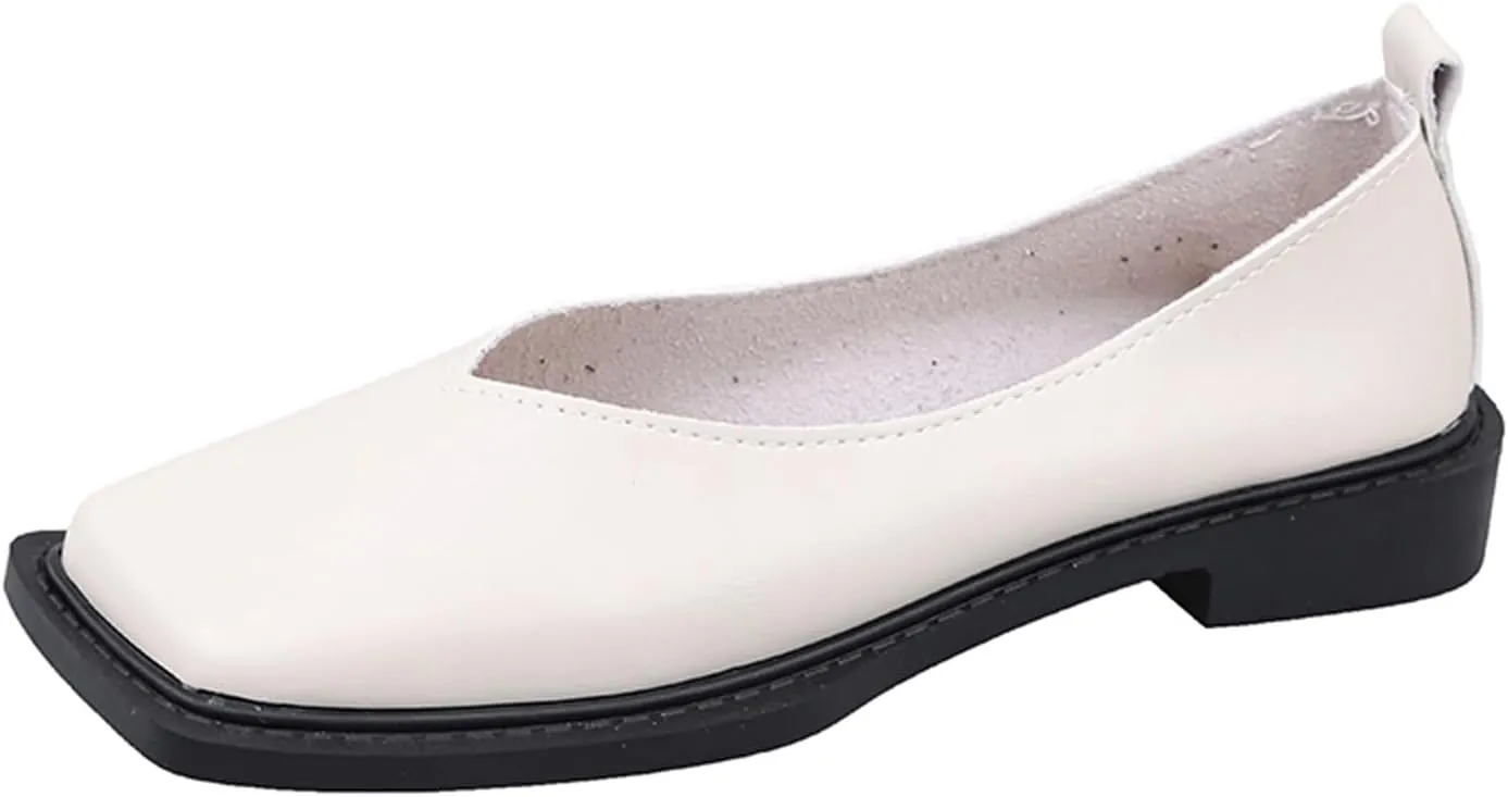 Women's Slip On Square Toe Flat Mary Jane Shoes Comfortable Leather Non-Slip Soft Sole Loafers Outdoor Lightweight Casual Ballet Flat Shoes