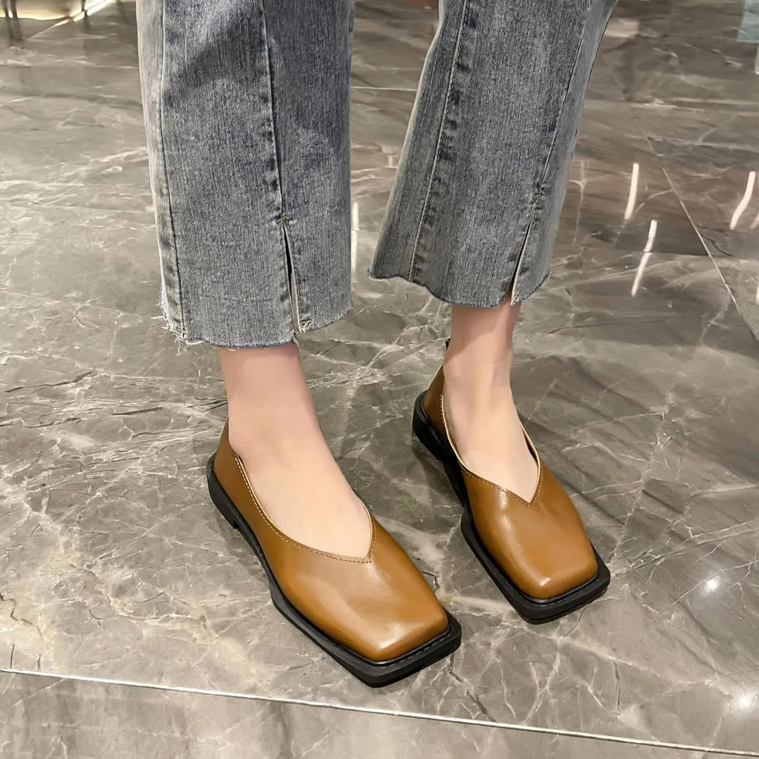 Women's Slip On Square Toe Flat Mary Jane Shoes Comfortable Leather Non-Slip Soft Sole Loafers Outdoor Lightweight Casual Ballet Flat Shoes