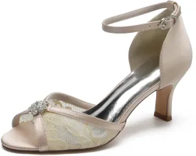 Women's Wedding Shoes Peep Toe Heel Lace Satin Bridal Pumps with Rhinestone Evening Party Dress Sandles