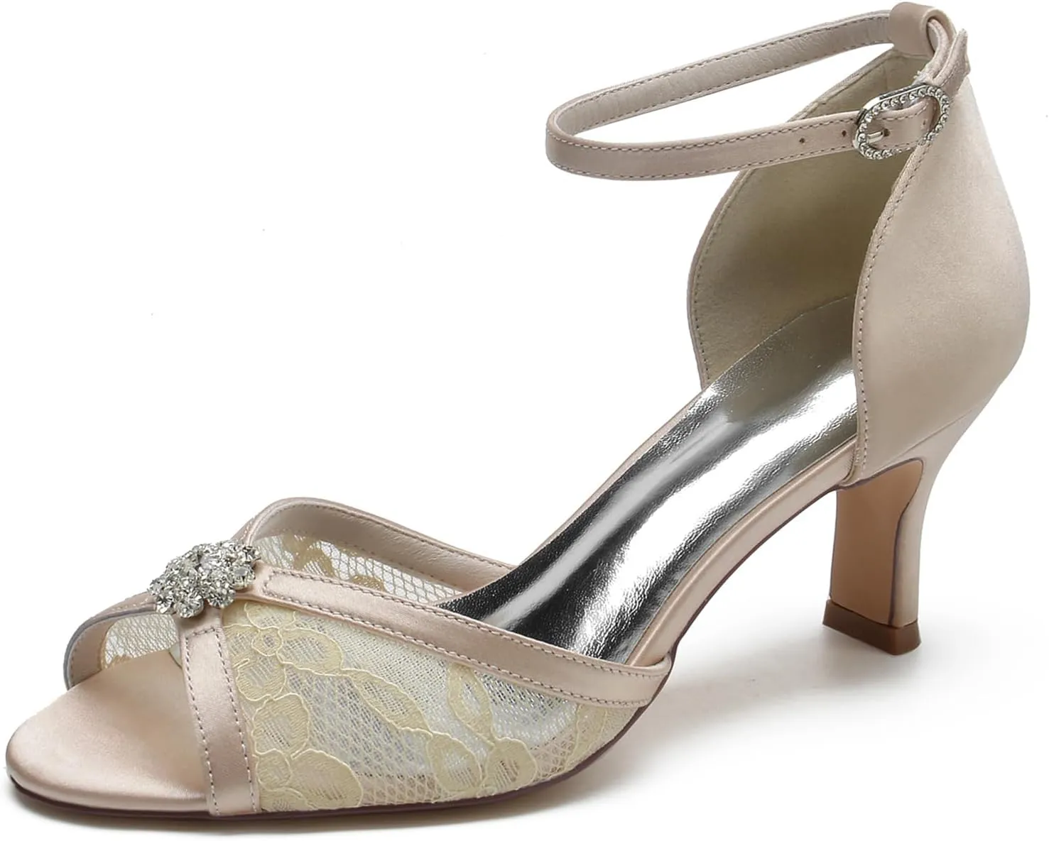Women's Wedding Shoes Peep Toe Heel Lace Satin Bridal Pumps with Rhinestone Evening Party Dress Sandles