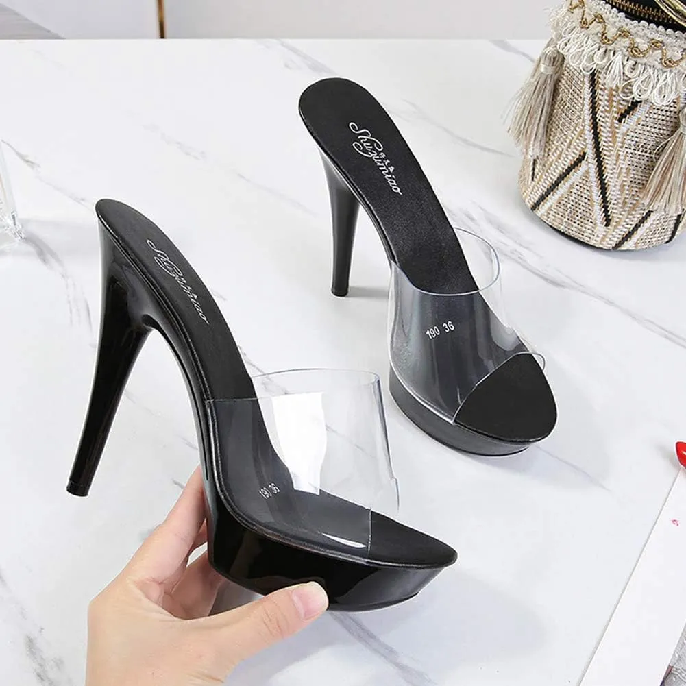 YIYA Women's High Heel Slides with Platform Clear Stiletto High Heels Sandals Peep Toe Dress Party Backless Shoes