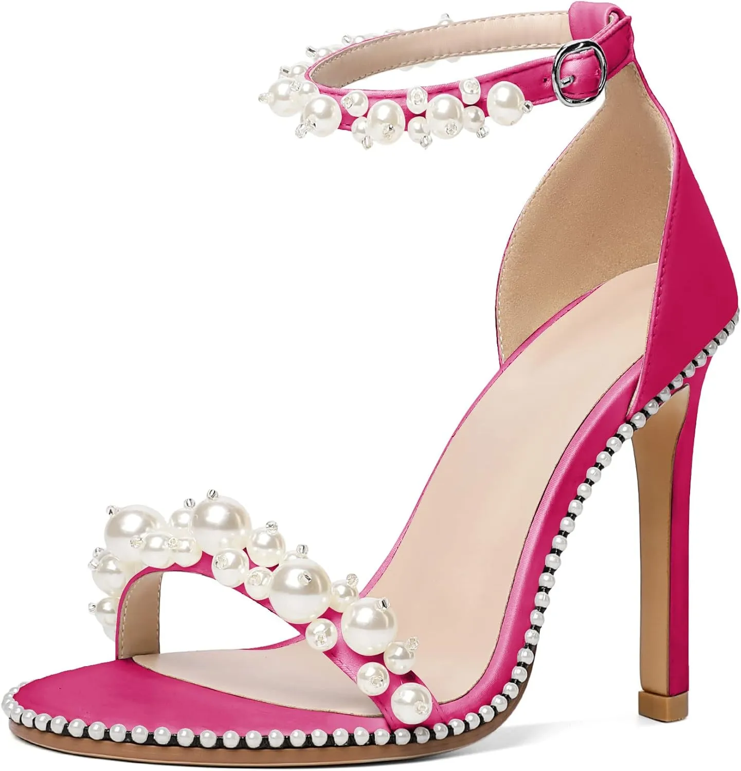 YODEKS Women's High Heels, Open Toe Ankle Strap High Heeled Summer Sandals, Round Toe Stiletto Heel 4.4 Inch Gem Pearl Dress Shoes for Ladies Office Wedding Evening