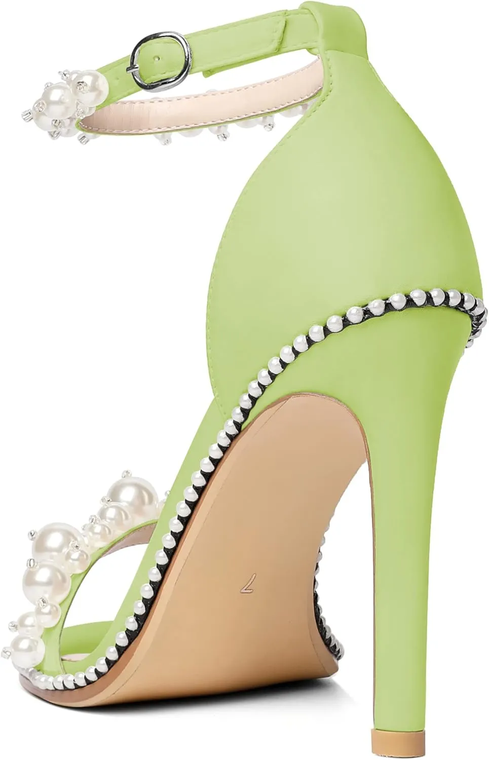 YODEKS Women's High Heels, Open Toe Ankle Strap High Heeled Summer Sandals, Round Toe Stiletto Heel 4.4 Inch Gem Pearl Dress Shoes for Ladies Office Wedding Evening