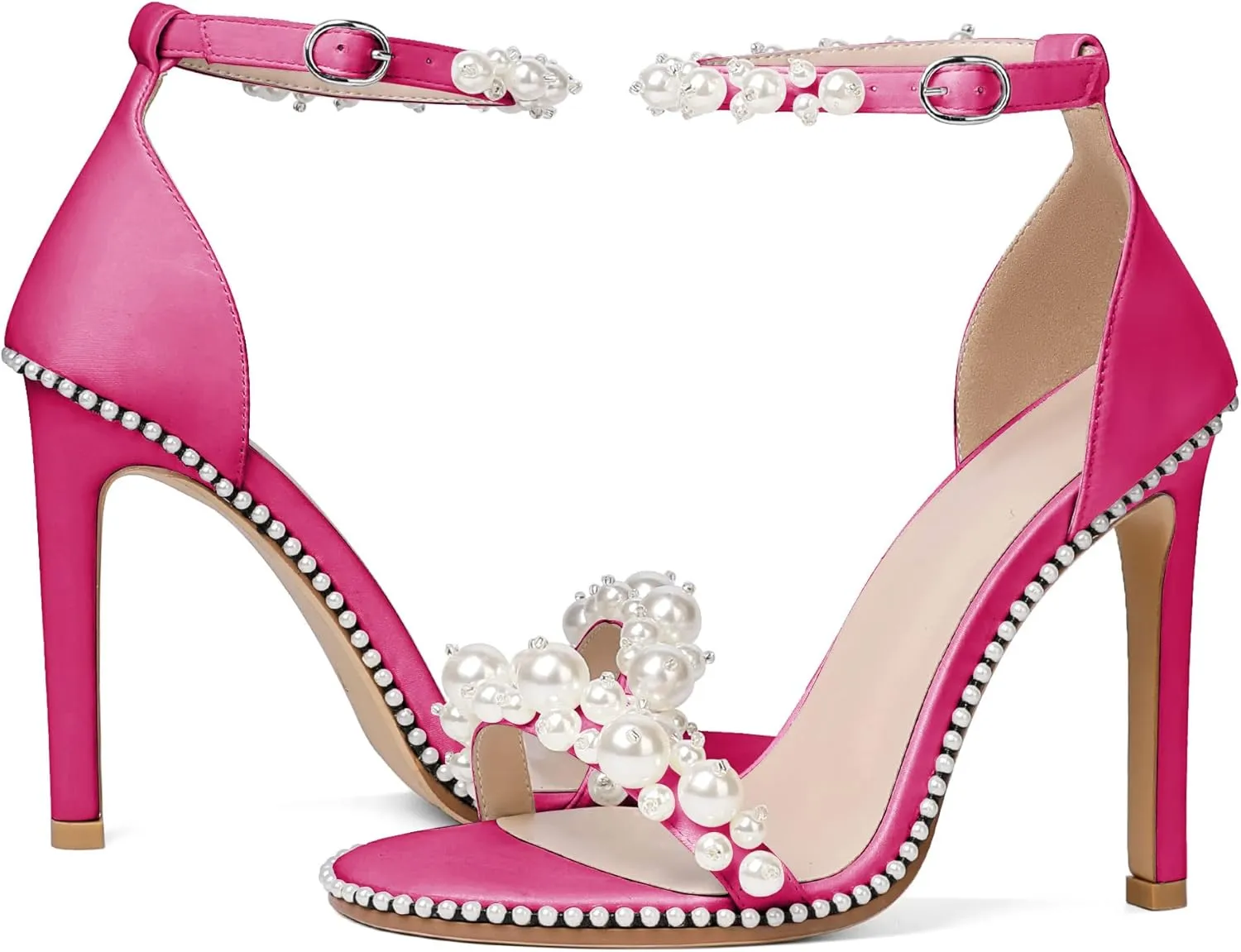 YODEKS Women's High Heels, Open Toe Ankle Strap High Heeled Summer Sandals, Round Toe Stiletto Heel 4.4 Inch Gem Pearl Dress Shoes for Ladies Office Wedding Evening