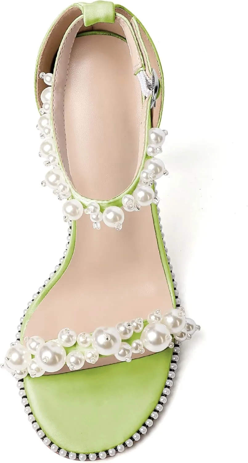 YODEKS Women's High Heels, Open Toe Ankle Strap High Heeled Summer Sandals, Round Toe Stiletto Heel 4.4 Inch Gem Pearl Dress Shoes for Ladies Office Wedding Evening
