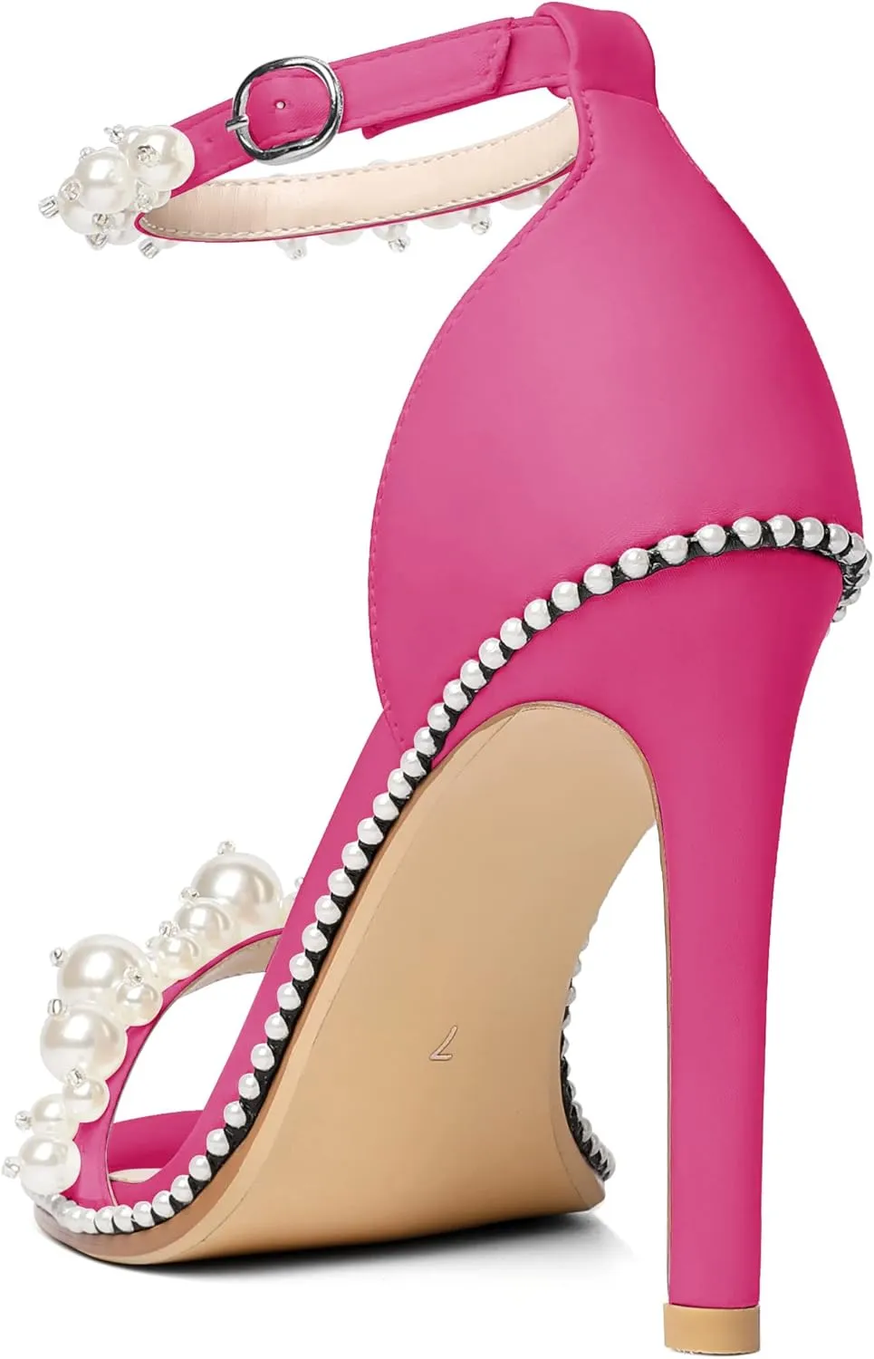 YODEKS Women's High Heels, Open Toe Ankle Strap High Heeled Summer Sandals, Round Toe Stiletto Heel 4.4 Inch Gem Pearl Dress Shoes for Ladies Office Wedding Evening