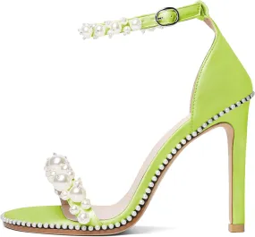 YODEKS Women's High Heels, Open Toe Ankle Strap High Heeled Summer Sandals, Round Toe Stiletto Heel 4.4 Inch Gem Pearl Dress Shoes for Ladies Office Wedding Evening