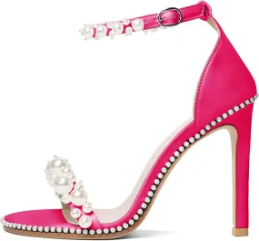 YODEKS Women's High Heels, Open Toe Ankle Strap High Heeled Summer Sandals, Round Toe Stiletto Heel 4.4 Inch Gem Pearl Dress Shoes for Ladies Office Wedding Evening