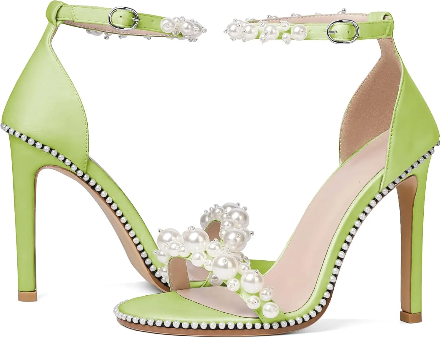 YODEKS Women's High Heels, Open Toe Ankle Strap High Heeled Summer Sandals, Round Toe Stiletto Heel 4.4 Inch Gem Pearl Dress Shoes for Ladies Office Wedding Evening