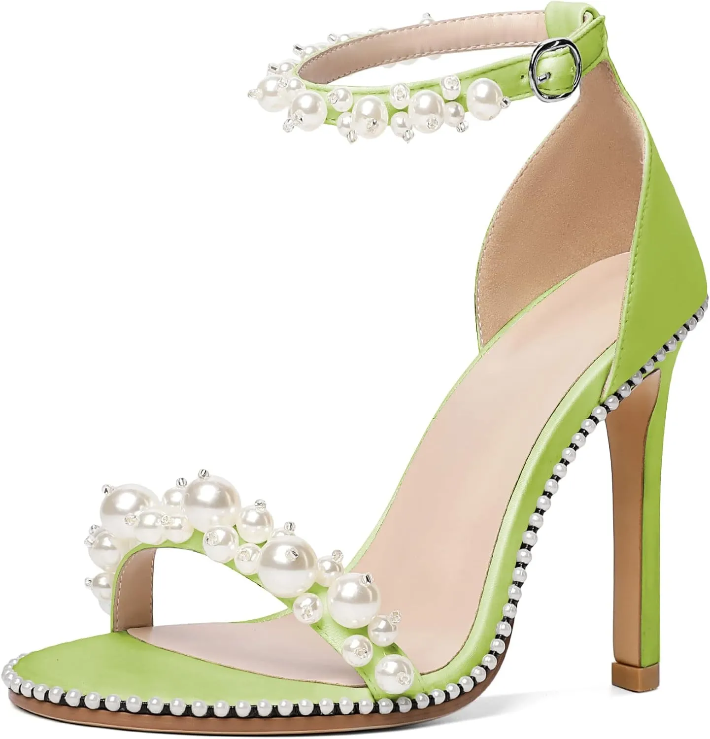 YODEKS Women's High Heels, Open Toe Ankle Strap High Heeled Summer Sandals, Round Toe Stiletto Heel 4.4 Inch Gem Pearl Dress Shoes for Ladies Office Wedding Evening