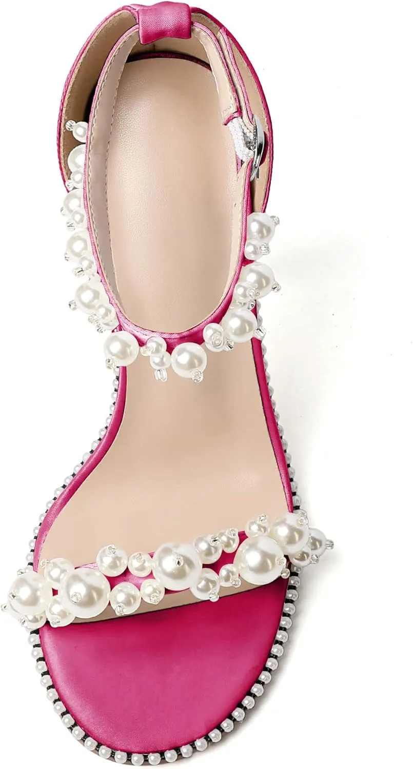 YODEKS Women's High Heels, Open Toe Ankle Strap High Heeled Summer Sandals, Round Toe Stiletto Heel 4.4 Inch Gem Pearl Dress Shoes for Ladies Office Wedding Evening